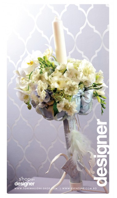 Lumanare de botez cu frezii si orhidee alba, 65x4 cm, Delicatesa 1